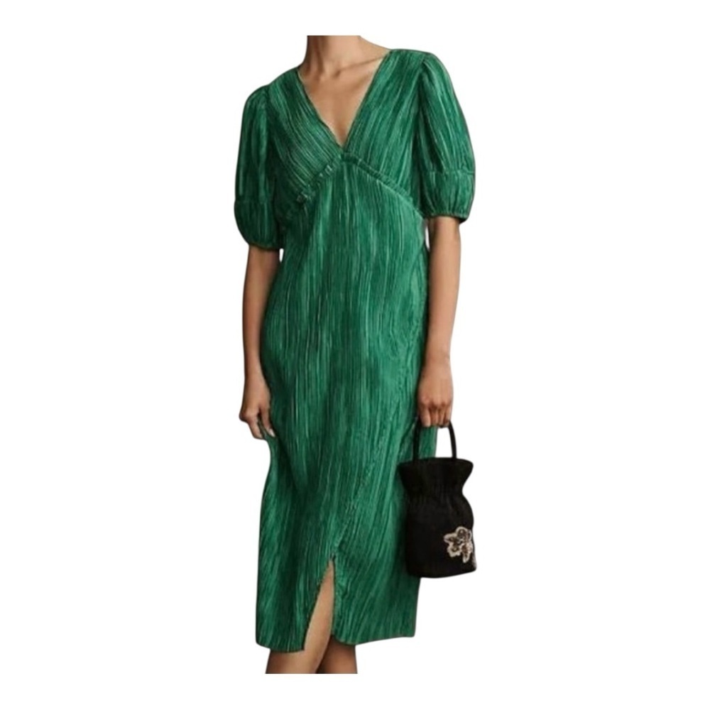 Anthropologie Green Wrap Tie Front Puff Sleeve Midi Dress